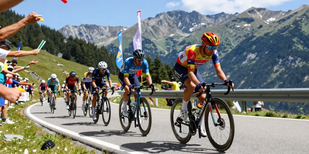Caleno ciclismo: ciclista in maglia colorata in corsa durante la Vuelta a España 2026 con pubblico entusiasta.
