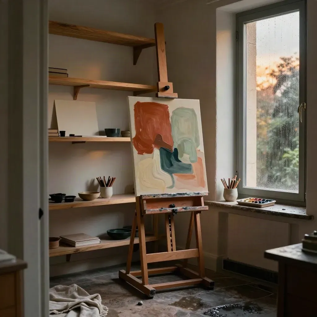 Atelier di arteterapia con cavalletto, tele astratte e luce dorata dopo il temporale.