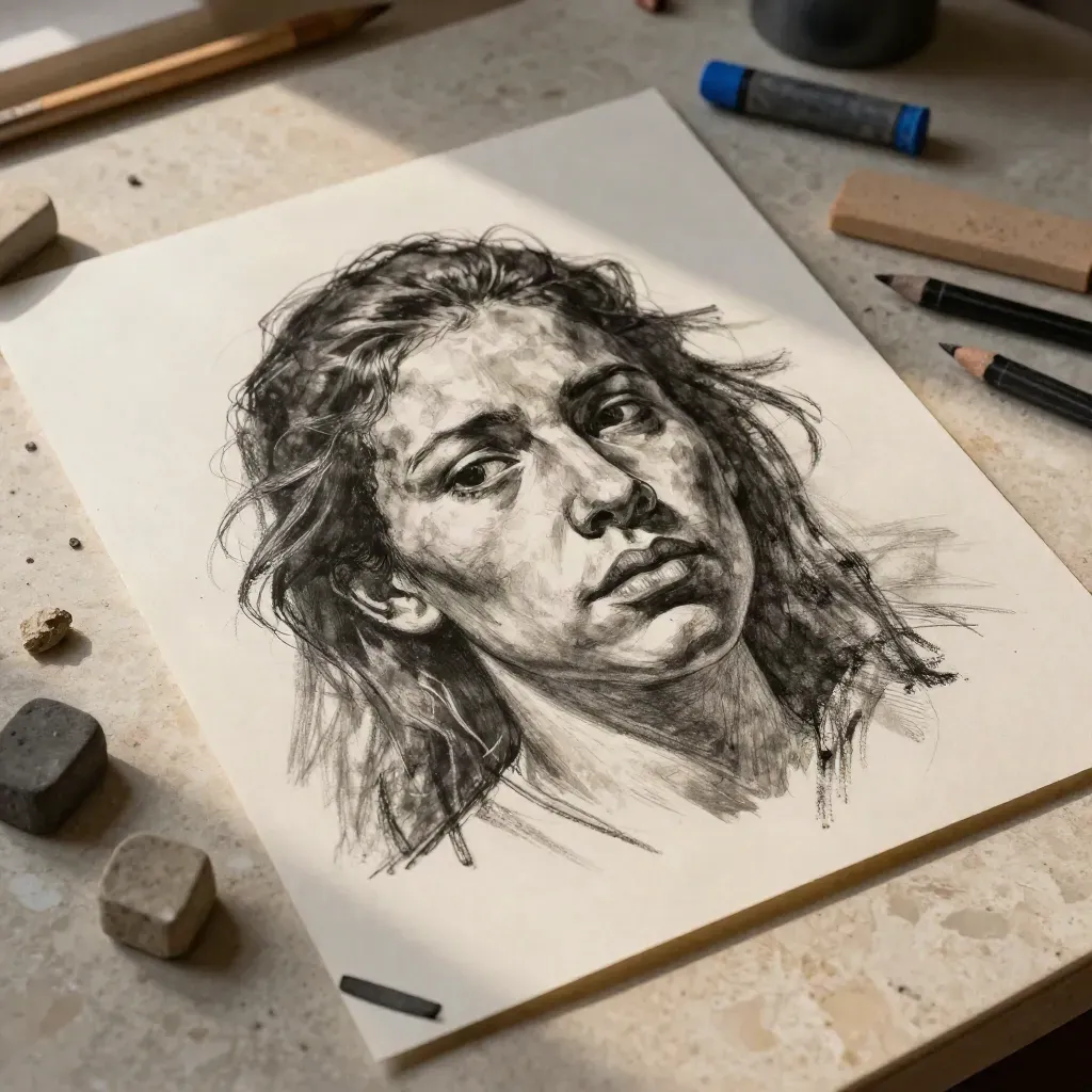 Studio di disegno espressivo con volto in carboncino, gomma e matite su tavola color sabbia.