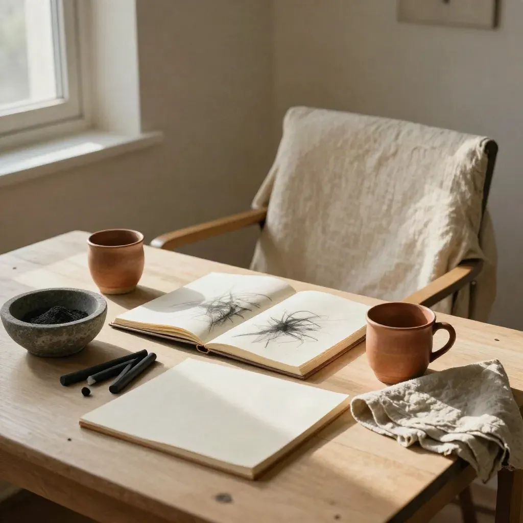 Angolo privato di arteterapia con sedia in lino, sketchbook, carboncini, ciotola e tazza su tavolo chiaro.