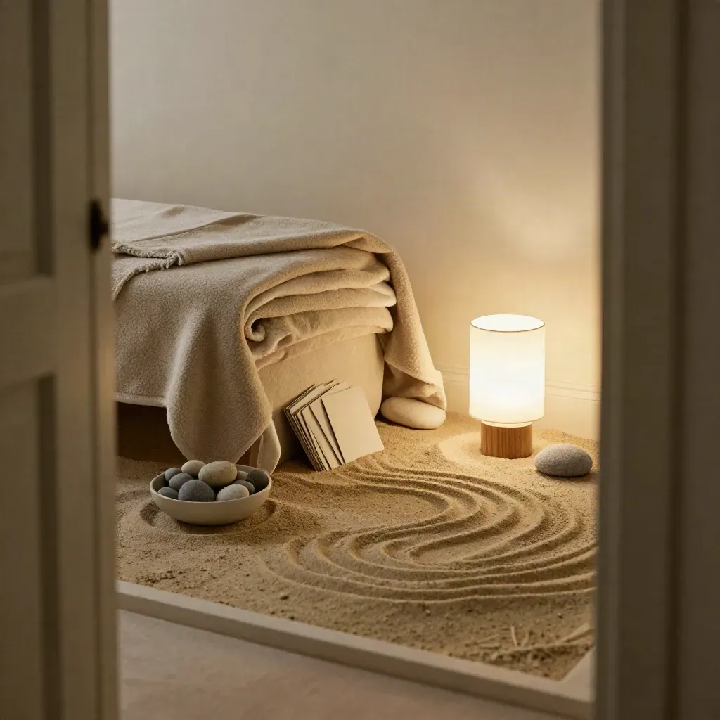 Angolo protetto di benessere con coperta di lana, pietre lisce, sabbia e luce soffusa.