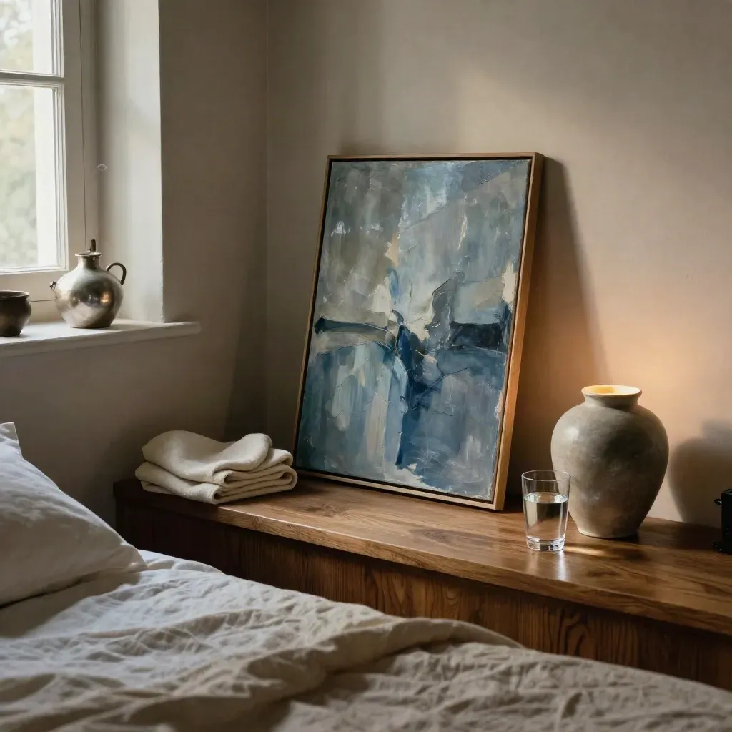 Angolo letto con disegno astratto blu, lampada in ceramica, bicchiere d’acqua e coperta piegata.