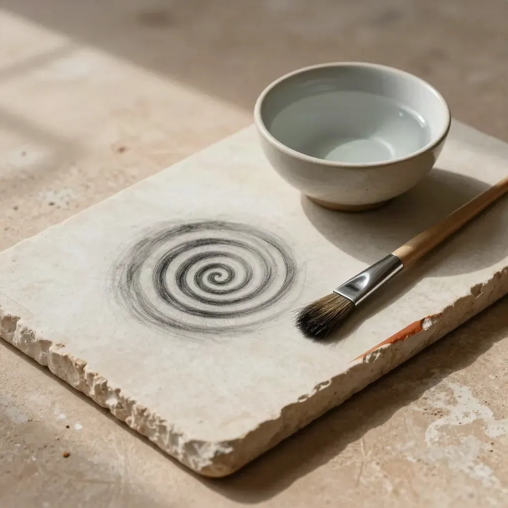 Spirale grafite, ciotola d’acqua e pennello su lastra di pietra chiara