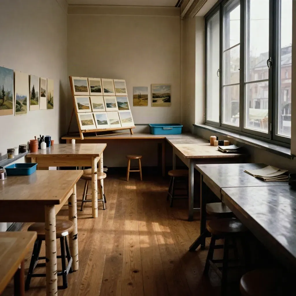 Aula d’arte scolastica ordinata con cavalletti, tempere e disegni ad asciugare.