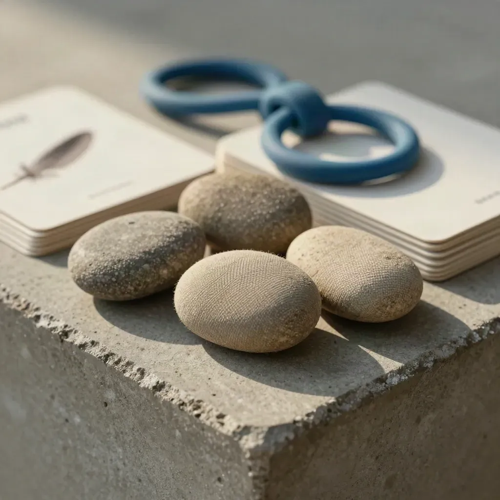 Pietre di tessuto, worry stones e carte mood su cemento in luce morbida.