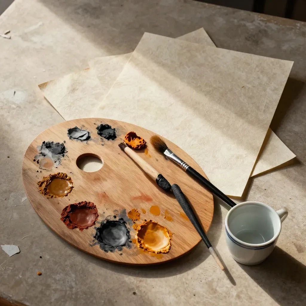 Tavolozza, carboncini e carte artigianali in luce calda dall’alto.