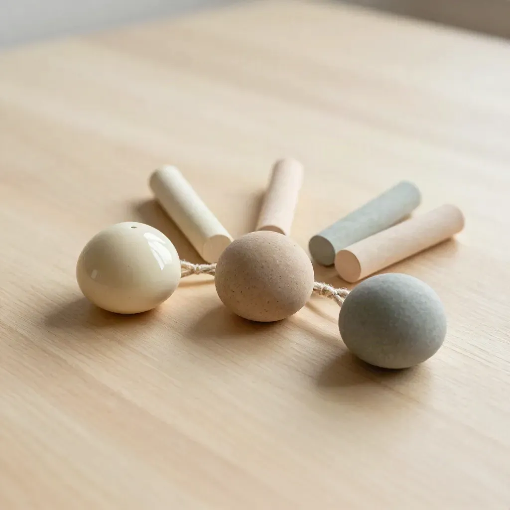 Tre gettoni ceramici, cordino di lino e bastoncini pastello su legno chiaro.