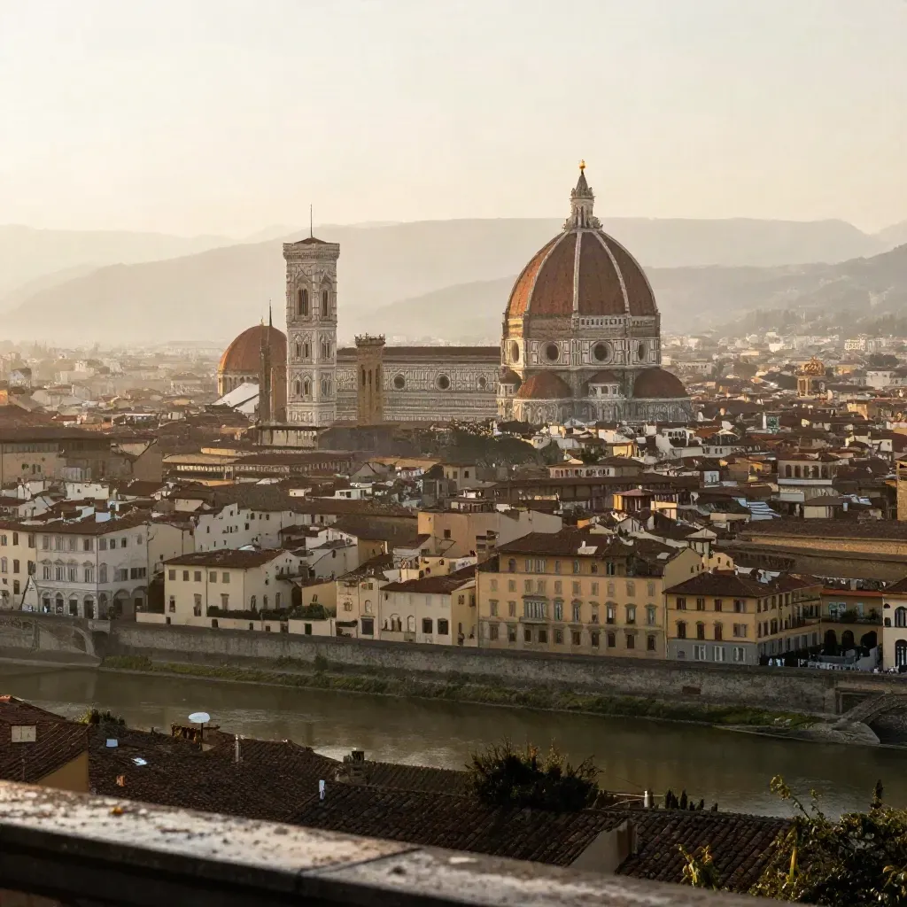 Skyline di Firenze con Duomo e campanili tra foschia dorata sull’Arno