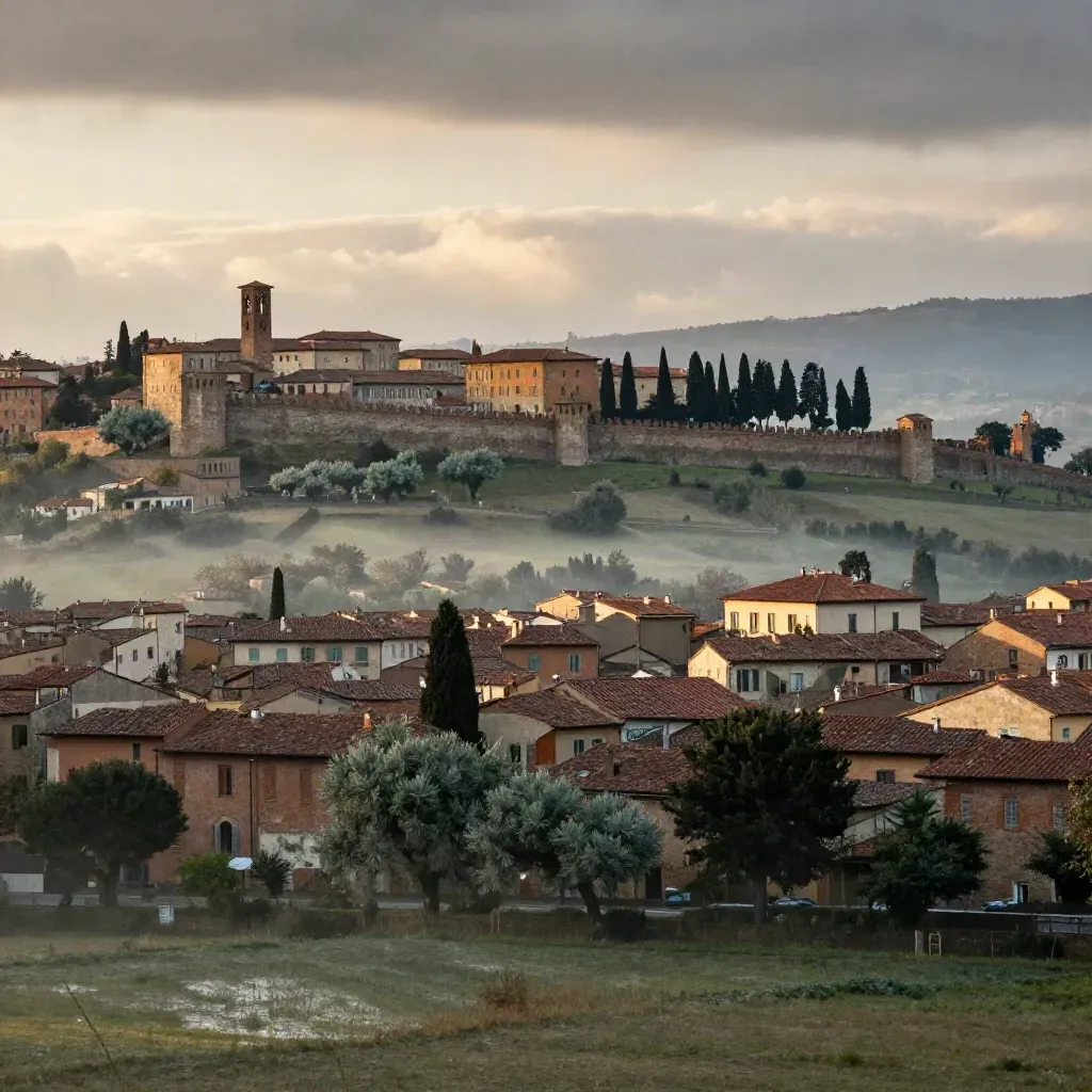 Panorama delle colline di Prato con tetti in lontananza e luce calda dopo la pioggia.