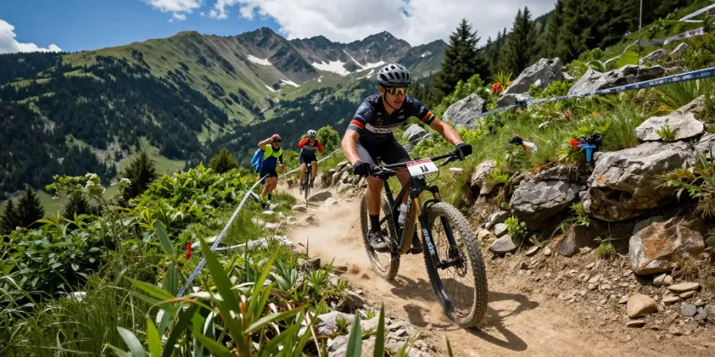 Competitive cyclist downhill in a race during the calendario ciclismo event, vibrant landscape surrounds with cheering spectators.